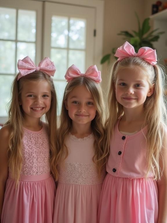 Three girls at a birthday party, blonde hair with long lush twin tails and pink bows. Smiling in a cozy living room setting, wearing pink dresses. The image appears low resolution with some pixelation and bright colors.