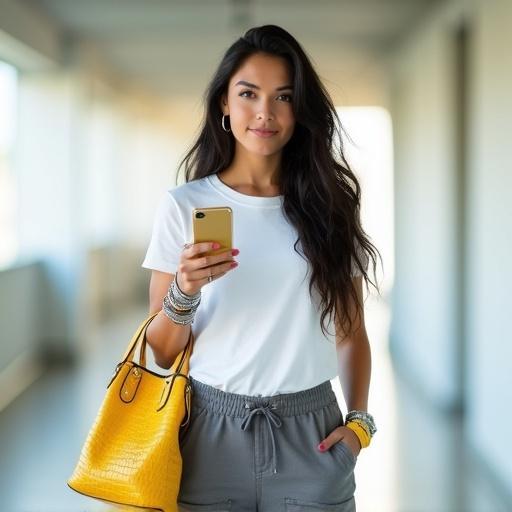 Stylish young woman with long dark hair stands in brightly lit indoor hallway. She holds a gold smartphone in her right hand. She carries a vibrant yellow croc-embossed handbag on her forearm. She wears a plain white t-shirt and grey cargo pants with gold hardware. She has stacked silver bracelets and large hoop earrings. Her left hand is in her pockets. Background hallway is softly focused with natural light creating a bokeh effect.