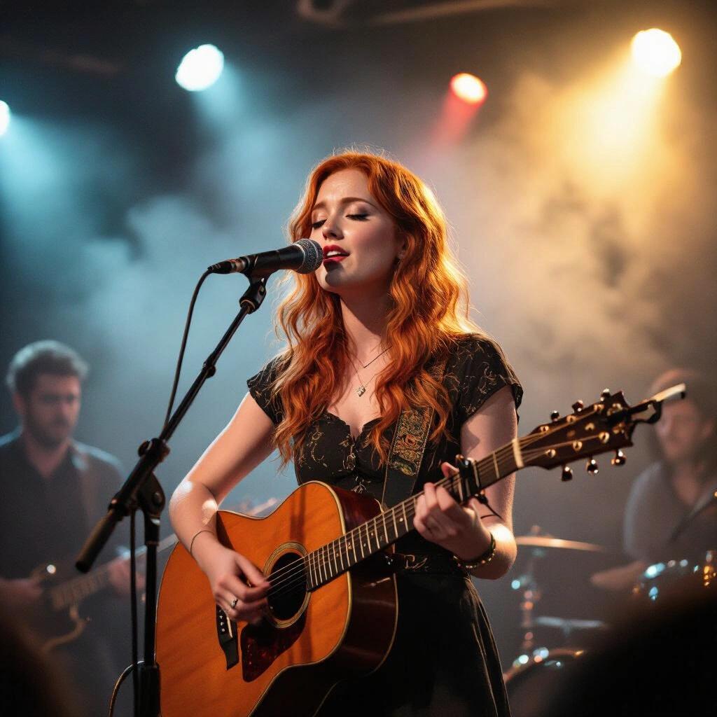 Very far away view 30 feet distance up on a big stage. Singer with pretty red hair performs. Dark night scene with a smoky atmosphere.