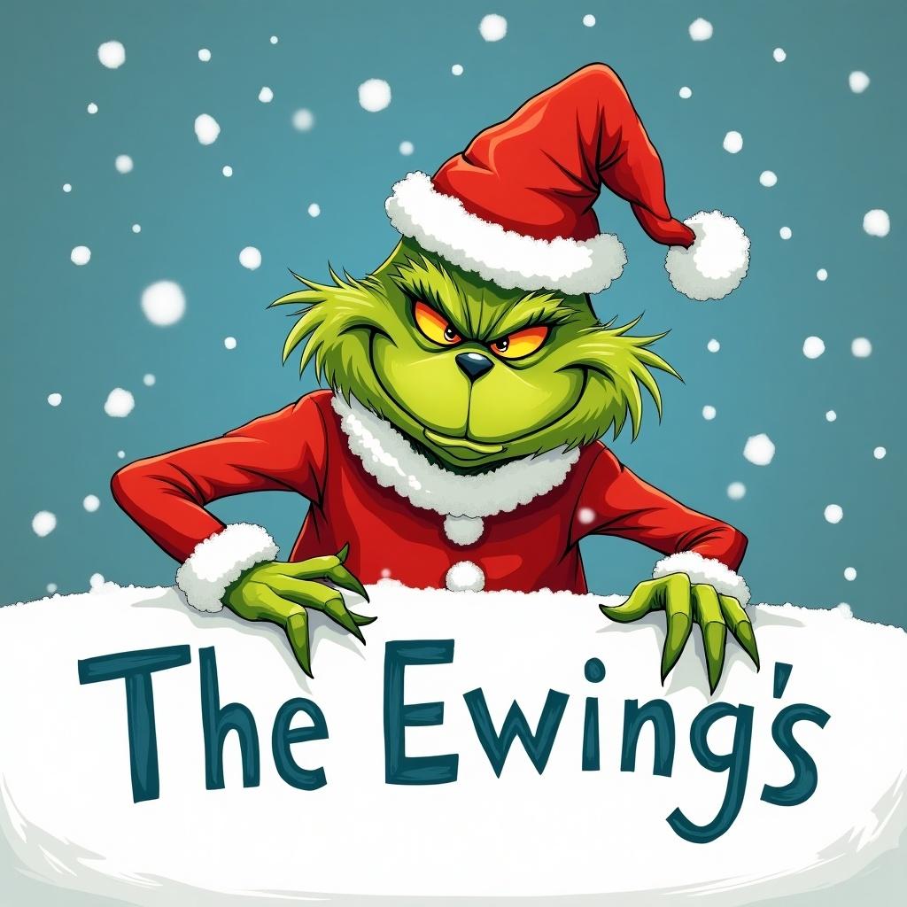 Image features the Grinch character with a mischievous expression in Santa attire. He is writing 'The Ewing's' in snow. Snowflakes fall in the background. The illustration shows vibrant colors, highlighting the Grinch's green against red and white.