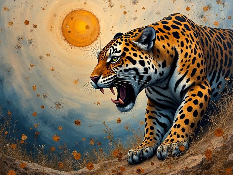 A jaguar roars with intensity. Background features a circular sun and textured patterns. The artwork uses mixed media techniques, enhancing visual depth with layers and various materials.