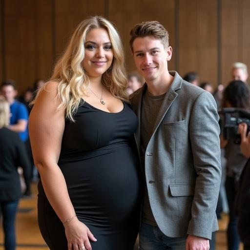 An extremely obese plus size model with blonde hair and beautiful eyelashes stands next to a short skinny young man. They are having a photo taken together at a conference.