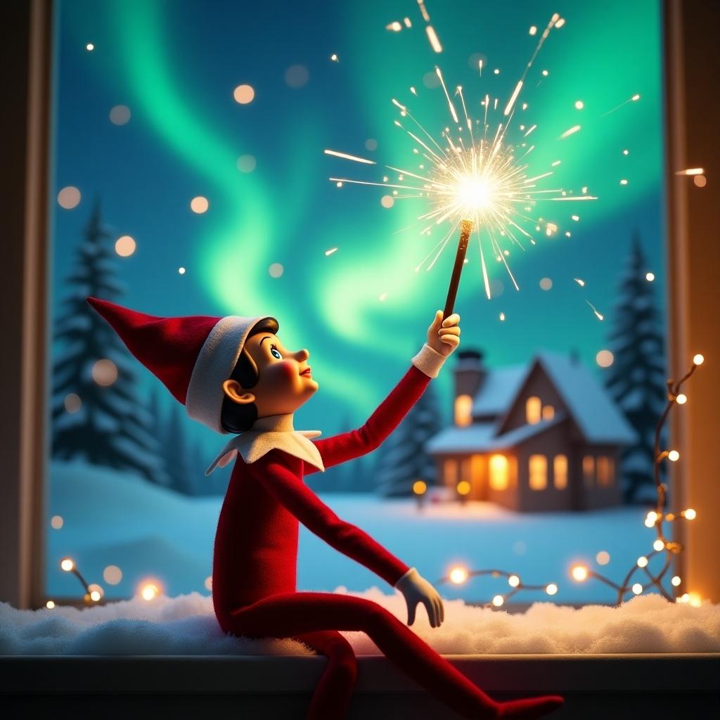 Elf on the shelf gazes skyward. Holds glowing wand with sparkling light. Background shows charming Christmas scene. Colorful northern lights swirl above. Cozy house in the distance with holiday decorations. Snow covers the ground. Elf is playful, embodying magic and wonder of Christmas. Wand creates text in the air, adds holiday cheer.