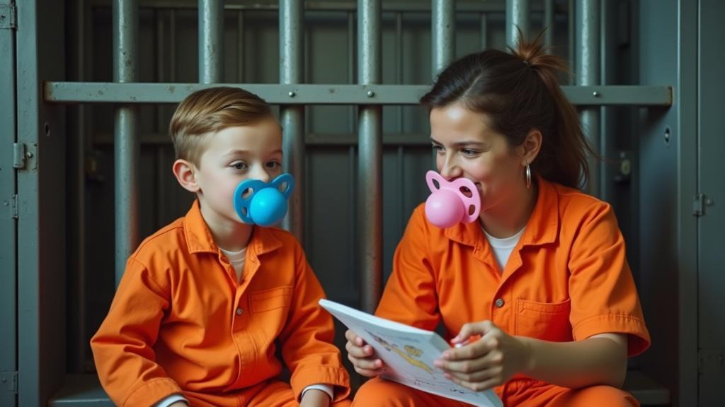 A mother and her 8 year old son sit in a locked jail cell. Both wear orange jail jumpsuits and oversized pacifiers. The child has a blue pacifier. The mother has a pink pacifier. They are happy and relaxed. The son shows his mother a drawing of them behind bars together. The mother shares her own childhood drawings from her time in jail. They discuss their sentences with positivity and joy.