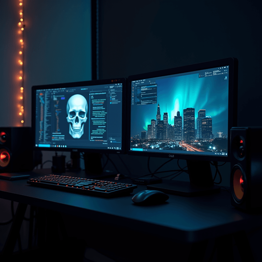 A dual-monitor setup displaying digital code and a cityscape, enhanced by ambient lighting.