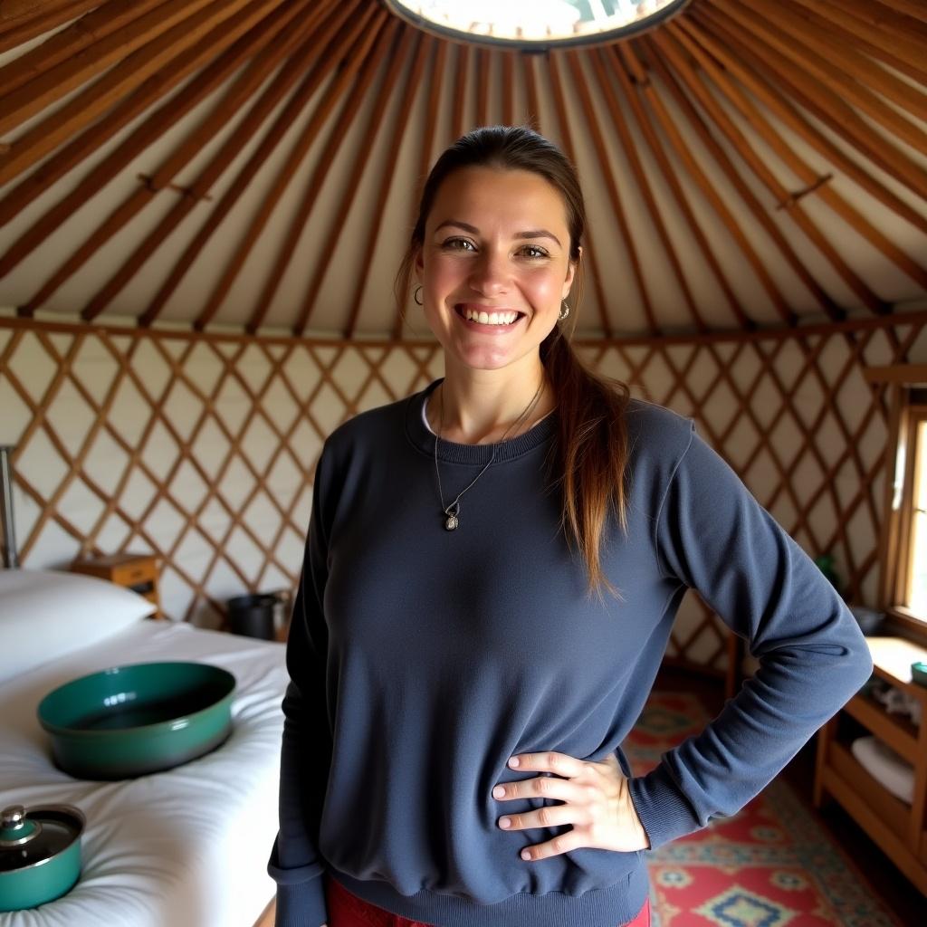 The image features the interior of a cozy yurt. A woman stands smiling with her hand on her hip. The yurt showcases wooden beams overhead and patterned walls. Various household items, including a green cooking pot, are visible around her. The warm, welcoming atmosphere is enhanced by the natural light filtering in.