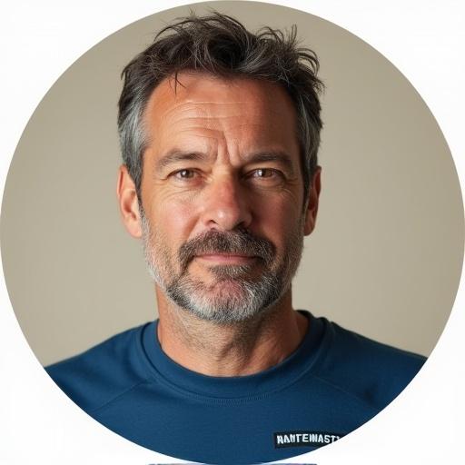 Realistic close-up portrait of a middle-aged Caucasian man. Hair is short and graying. He wears a blue t-shirt. A visible patch on the shirt reads 'MAINTEMASTE'. Background is light beige. Soft natural lighting enhances his features.