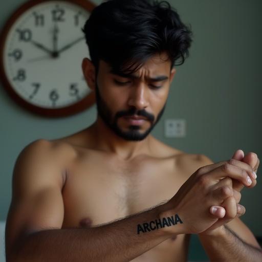 Close-up of a young adult Indian man. He is showing nervousness. He is looking at his tattoo on the right forearm, which says 'ARCHANA'. Behind him is a wall clock.