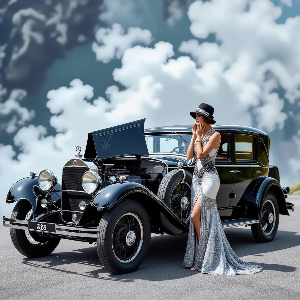 Photorealistic image of a 1928 Mercedes-Benz 18/100 PS Sportwagen parked on a mountain road. Art Deco socialite in a beaded dress and cloche hat leans over the left fender. Both palms pressed to cheeks with a comedic expression. The car hood is fully opened revealing the straight-six engine. Dense steam clouds erupting from the boiling radiator. Elements like hood louvers and brass latches are visible. Roadside toolbox and gravel present.