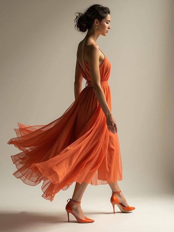 A woman in an orange flowing dress walks elegantly. The dress sways with her movement. Soft lighting highlights the fabric's textures. The heels add a stylish touch. The scene captures a sense of grace and fashion.