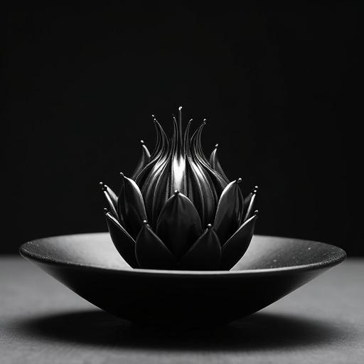 Close-up view of a metallic bud in a shallow black dish. Surface appears oily and dark. Petals rise with smooth motion, creating pointed shapes. Camera glides in as bloom forms in waves. Final shot holds fully formed flower in mid-motion.