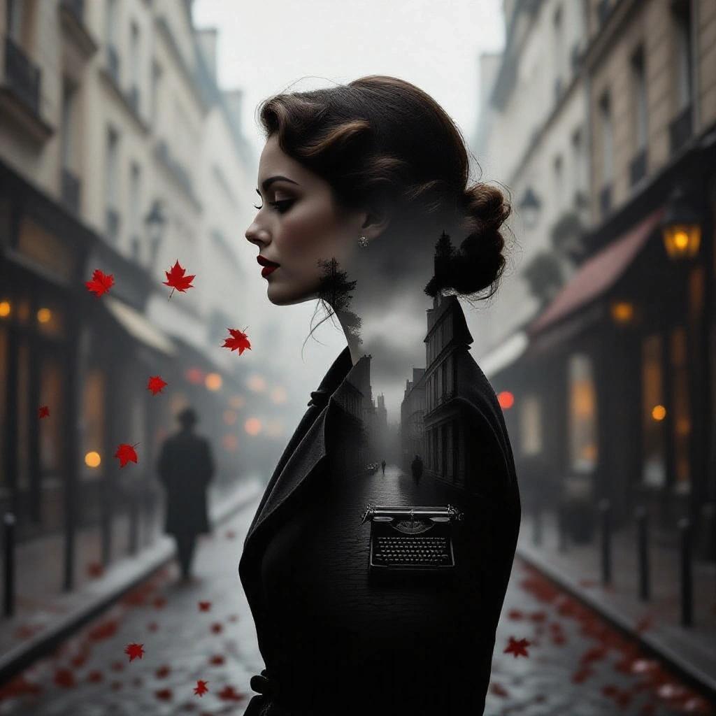 Double exposure portrait of a melancholic woman in 1940s Parisian attire. Silhouette filled with surreal scene of foggy Paris street. Falling red leaves and old typewriter. Man in trench coat walking away. Outer image resembles vintage sepia photograph. Inner scene evokes poetic surrealism. Only black, white, and deep red tones. Film grain texture. Soft lighting creates emotional and introspective atmosphere. Inspired by Jacques Prévert.