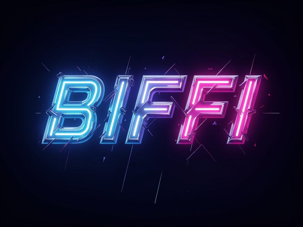 This image features the word 'BIFFI' rendered in vibrant neon colors against a dark background. The letters are styled with an electrifying 3D effect that creates a sense of depth and dynamism. Bright blue and pink hues dominate the composition, giving it a striking, modern look that evokes a sense of energy and excitement.