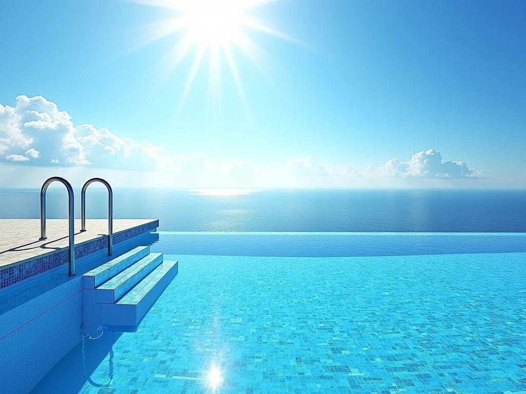 This image showcases a serene swimming pool overlooking the ocean. The pool is beautifully tiled with blue mosaics and the water shimmers under the bright sunlight. A set of stainless steel steps leads into the tranquil water, inviting swimmers to dive in. Above, the sky is bright blue with a few fluffy white clouds, creating a perfect sunny day. The horizon blends into the calm ocean, enhancing the peaceful atmosphere. Sun rays reflect off the water's surface, adding a touch of sparkle to the scene.