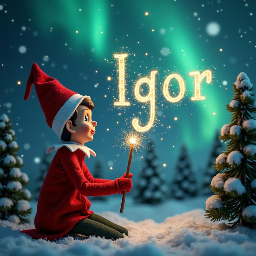 Elf dressed in red gazes at northern lights in a snowy landscape. Elf holds a magic wand. Name 'Igor' shines in stardust above. Trees surround the scene, creating a magical and festive ambiance.