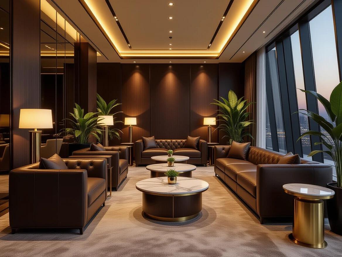 Luxurious business lounge with dark leather sofas and marble tables. Warm light from elegant lamps. Full walls and no windows. Cozy arrangement with indoor plants. Clean modern architecture with rich textures.