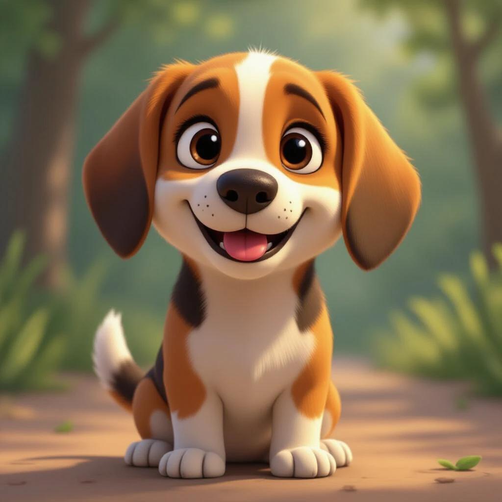 Create an animated image of a beagle in a Pixar style. The dog should be seated on a trail with a lush background. The mood should be playful and inviting. Use bright colors and soft lighting to enhance the appeal.