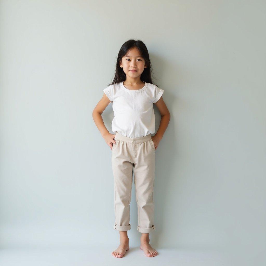 Girl stands upright against light gray background. She wears casual light outfit. Lighting is soft creating a calm atmosphere. Pose is confident and relaxed. Minimalistic style brings focus to the subject.