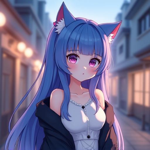 A single girl with blue hair and cat ears. She wears a white dress and a black coat. The image focuses on her face with purple eyes. She appears cute and is staring directly at the viewer. The background features a street setting with a soft bokeh effect. The lighting is cinematic with a depth of field effect. The art has a line art style and is of high quality.