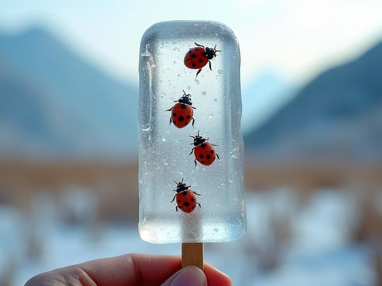 Close-up of a transparent ice cream bar with frozen ladybugs. Ladybugs are red with black spots. The ice has a glossy sheen. A wooden stick holds the bar. A hand holds it carefully. Background is blurred with mountains in the distance. Captured with a Canon EOS R1 in 8K resolution at f/8.