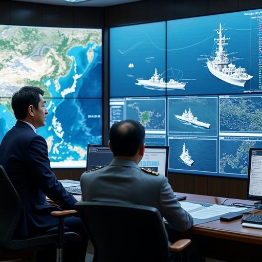 Japanese Prime Minister in Defense Ministry. Engaged discussions with military officers. Monitoring activities of Chinese Navy. Analyzing satellite imagery and tracking data on large monitors. Discussing Japan's response strategies and military postures.