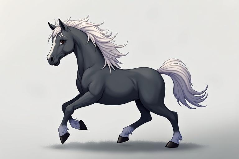 Anime style depiction of a gray horse. Horse is in motion with flowing mane and tail. Background is gray. Horse color transitions from dark to light.