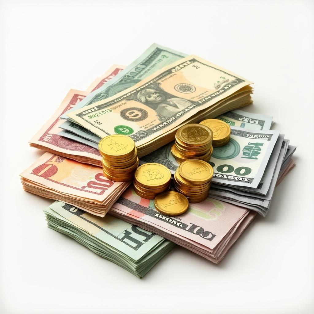 Colorful banknotes and shiny gold coins displayed together. Stacks of cash arranged neatly. Coins symbolizing wealth and savings placed beside banknotes. Presentation reflects financial themes and money management concepts.