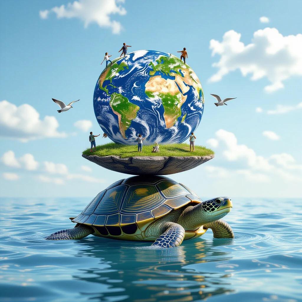 A flat disc world on top of a turtle. A turtle swimming in water with Earth balanced on its shell. Small figures stand on the Earth. Seagulls fly in the background.