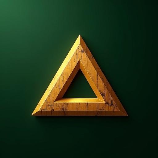 Golden triangular symbol with a wooden texture on dark green background.