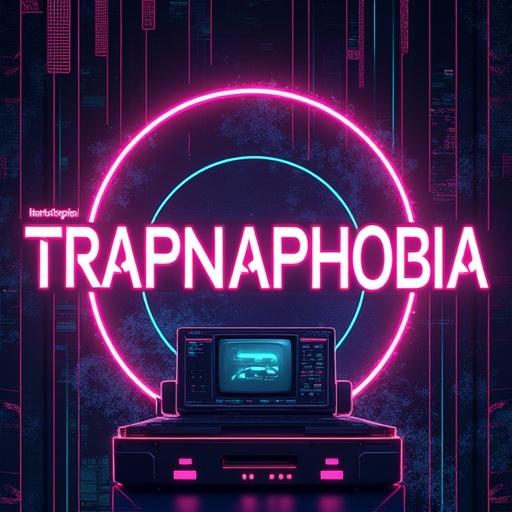 Neon tech music album cover featuring the title Trapnaphobia. Central focus on vibrant neon text. Futuristic style with digital elements.
