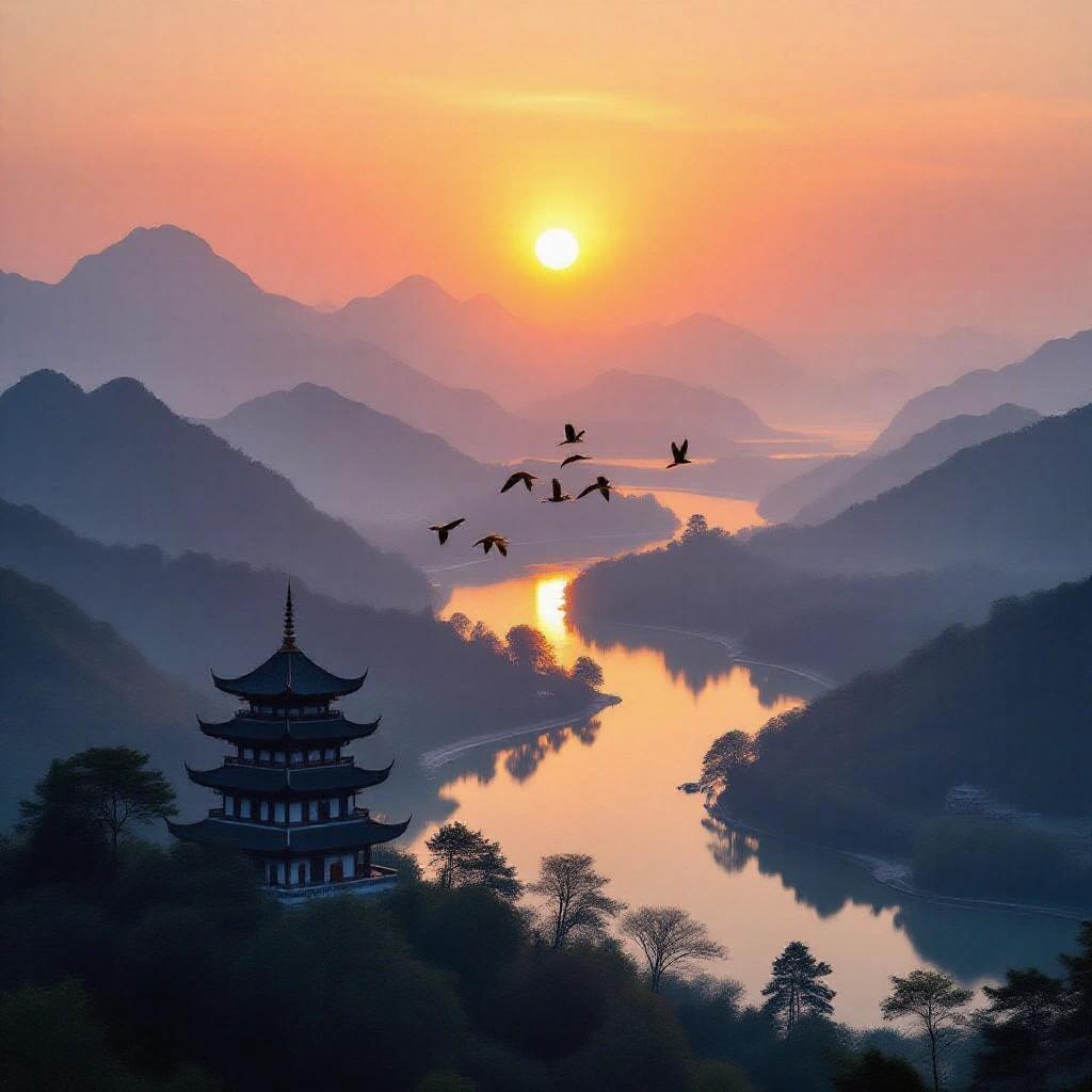 A serene sunrise over misty mountains and a river with two pagodas in view. Wild ducks fly through an orange sky, embodying the essence of autumn.