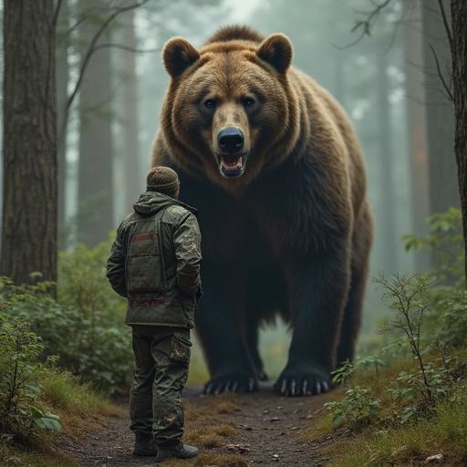 A man wearing a hunting outfit stands in a forest. A huge bear is right behind him, standing and growling.