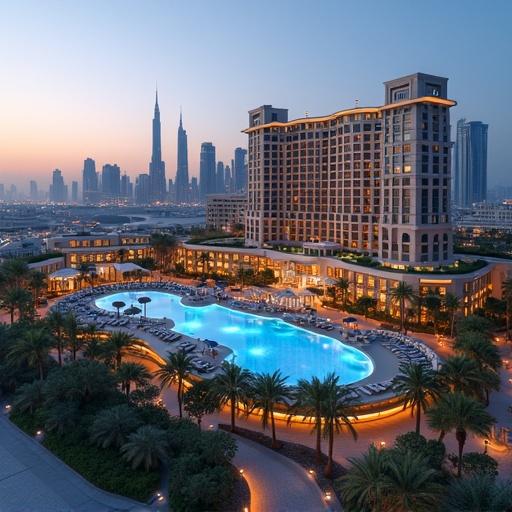 Massive modern style hotel located in Dubai. Large pool area with city skyline in the background. Glowing streets winding below create an inviting atmosphere.