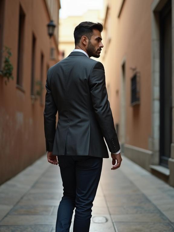 Handsomeness depicted with a latino man walking in a suit. The scene is set in an urban environment. The man looks back with a sense of curiosity. The alley serves as a backdrop, enhancing the composition.