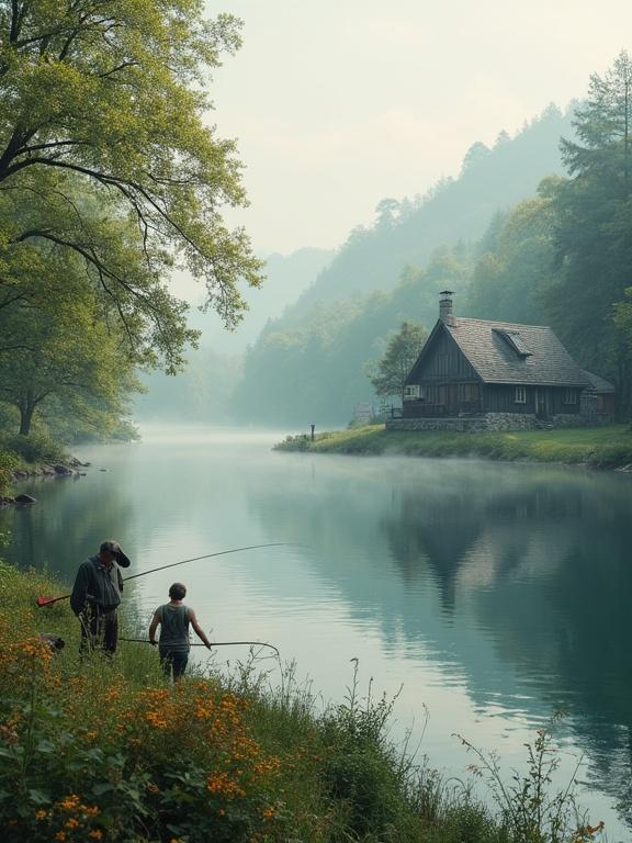 A peaceful lakeside village is depicted. An elder is fishing by the water while a child joins. A cottage with a garden is present. Morning mist surrounds the area. A dog is nearby. The scene embodies tranquility in nature.