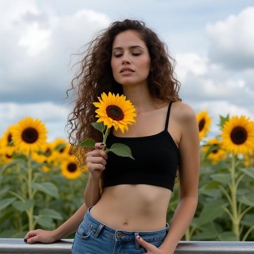 Photograph of a woman outside in a sunflower field. Background consists of sunflowers with large yellow petals and dark centers. Cloudy sky adds depth to the photo. Woman has long curly brown hair wearing a black crop top and blue shorts. She leans against a metal railing while holding a sunflower.