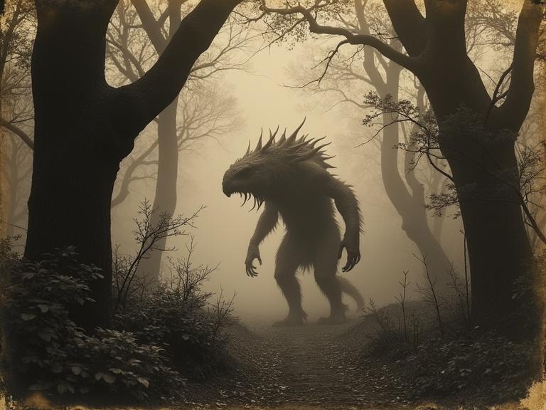 Vintage 1800s photograph of a monster lurking in a shadowy forest with twisted trees and mist. Eerie atmosphere captured in 19th-century expedition style. Creature shown in an authentic pose, masterful daguerreotype technique with sepia toning. Aged photograph shows extreme vintage artifacts like heavy patina and chemical stains, creating a feeling of historical mystery.