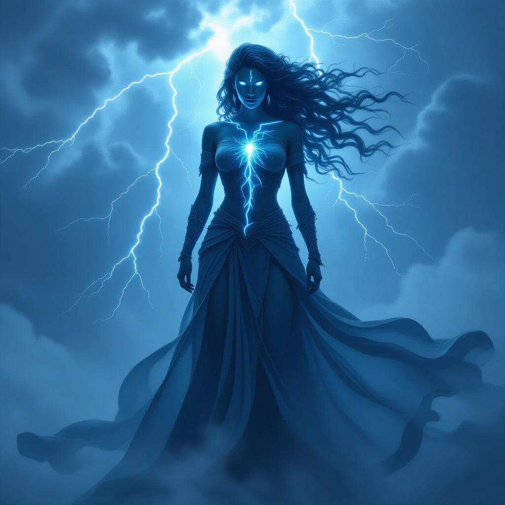 A powerful storm goddess stands tall. Her skin glows with lightning-shaped veins. Hair billows like thunderclouds. Electric blue and deep gray colors dominate the scene. Dramatic stormy sky fills the background. Flowing robes blend into the mist. Epic fantasy style. High contrast lighting creates cinematic atmosphere.