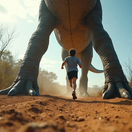 POV of a person running across dry terrain. Feet and hand visible for balance. Massive legs and tail of a slow-moving Diplodocus in view. Ground trembling due to movement.