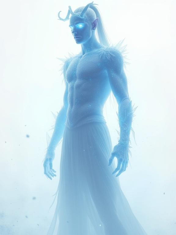 Full-body view of a male tiefling ghost. Spectral and semi-transparent ectoplasmic body. Glossy, crystal-like surface with faint glowing blue light. Semi-transparent features like the horns. Glowing translucent hair in a high ponytail. Soft glowing eyes. Legs fading into mist. Wearing flowing spectral leather armor resembling cracked ice. Ethereal form blending into a white background. Ghostly and intangible appearance with floating glowing particles. Cinematic soft focus and volumetric fog effects.
