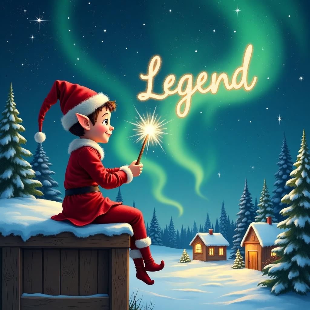 An elf sits on a wooden ledge in red outfit with a pointed hat. The elf holds a sparkling wand. The elf writes 'Legend' in the sky. Scene includes snowy landscape, charming houses, evergreen trees, and Northern Lights.