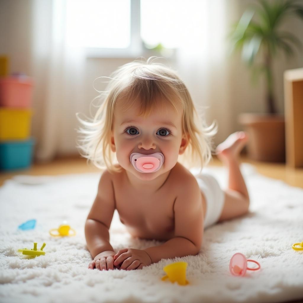 A cute toddler girl is lying on her back on a soft surface during a diaper change. She has a pink pacifier in her mouth and displays a playful expression. Natural light fills the room, emphasizing her light-blonde hair and brown eyes. The background features simple, colorful furniture, adding to the cozy feel. Pacifiers and toys are scattered around her, enhancing the playful atmosphere.