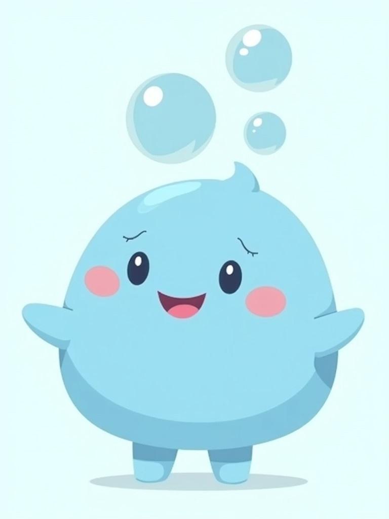 Image of a small round blue character with a big smile and rosy cheeks. Bubbles float above the character's head. The design has various shades of blue, making it engaging for a young audience.