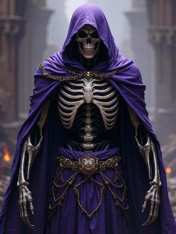Dark fantasy character depicted as a skeleton wearing a hooded cloak with glowing red eyes in a misty forest setting.