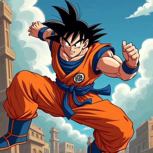 Goku performs an action pose in a fight scene. He wears an orange outfit with blue accents. Background features animated cityscape. Cloudy sky reflects a vibrant atmosphere.