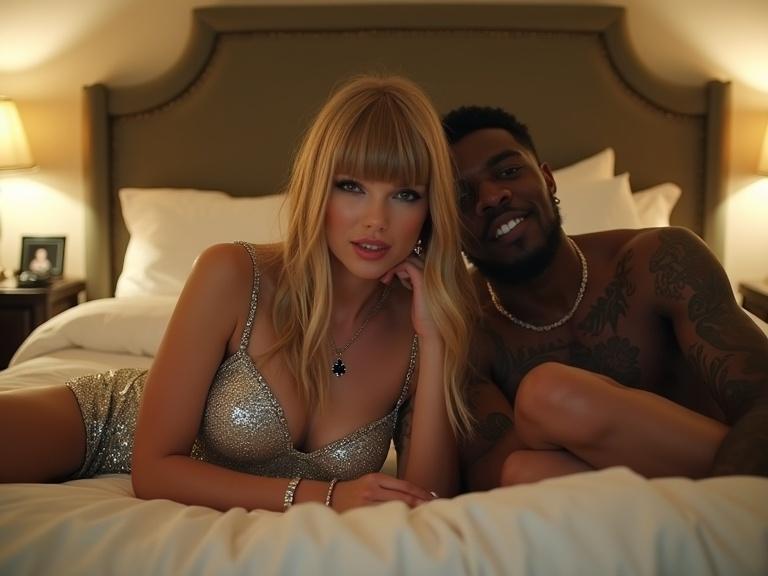 Beautiful woman lying on a large bed with her boyfriend. Woman in stylish silver sparkly dress with deep cleavage. Man close to her side, couple appears cozy. Soft lighting creates warm atmosphere. Both look relaxed and stylish.