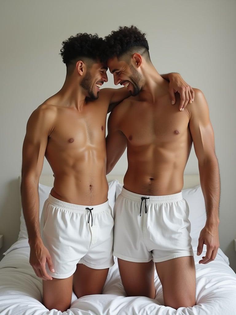 Two Brazilian boys with toned legs and arms and muscular torsos are standing close together on a bed. They are wearing white short boxer shorts and smiling. Their strong bond of friendship is evident. One boy seems to be thinking about taking a shower.