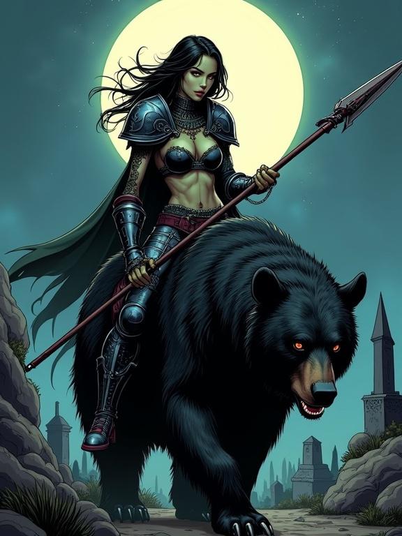 Hand-drawn comic book style features a female character with heavy armor riding a black bear. The character holds a spear, depicted under moonlight with a graveyard backdrop. The scene employs dramatic shadows and vibrant colors, creating a cinematic composition.