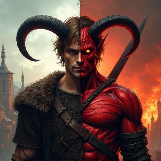 Character design of a fantasy character with a split personality. Left side shows a medieval warrior with brown hair and calm expression. Right side depicts a red-skinned demon with glowing eyes and an intense expression. Background shows a medieval town and a fiery hellscape. Perfect vertical split. Hyper-realistic style with bold colors.
