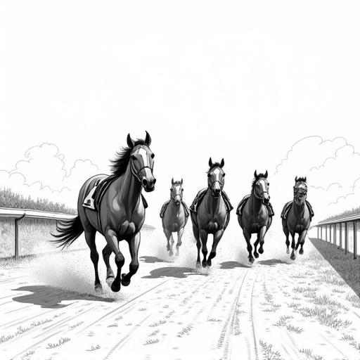 Storyboard for a comic book showing six horses racing on a track in black and white. No humans are present. Focus on the action and intensity of the race.